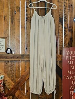 386 Cream Lightweight Spaghetti Strap Jumpsuit with Drawstring Hems